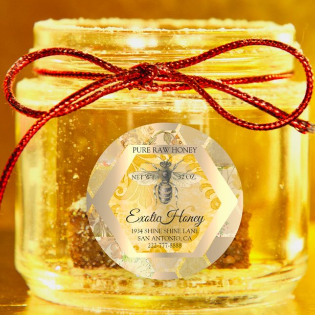 Sticker Rond Jar de miel abeille à miel abeille abeille à miel  (Raw Honey Jar Honeybee Honeycomb Bee Apiary Classic Round Sticker)