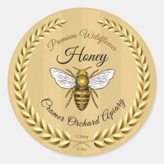 Sticker Rond Jar de miel rayé d'abeille et de Garland Gold