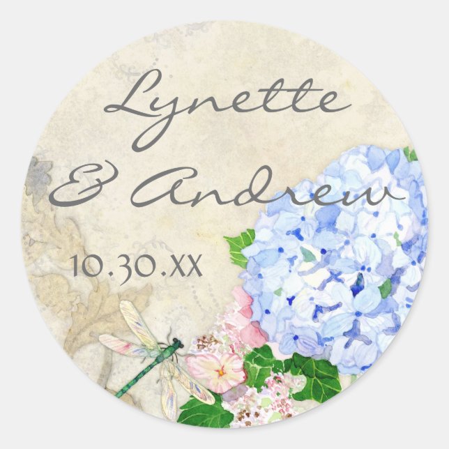 Sticker Rond Jardin anglais, bleu et rose Hydrangeas aquarelle (Devant)