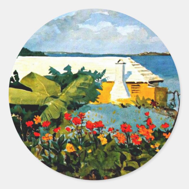 Sticker Rond Jardin aux fleurs et bungalow par Winslow Homer (Devant)