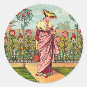 Sticker Rond Jardin Cultivation Flower Woman Art Antique