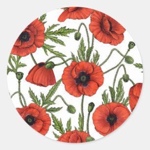 Sticker Rond Jardin de coquelicot dans le corail et brun