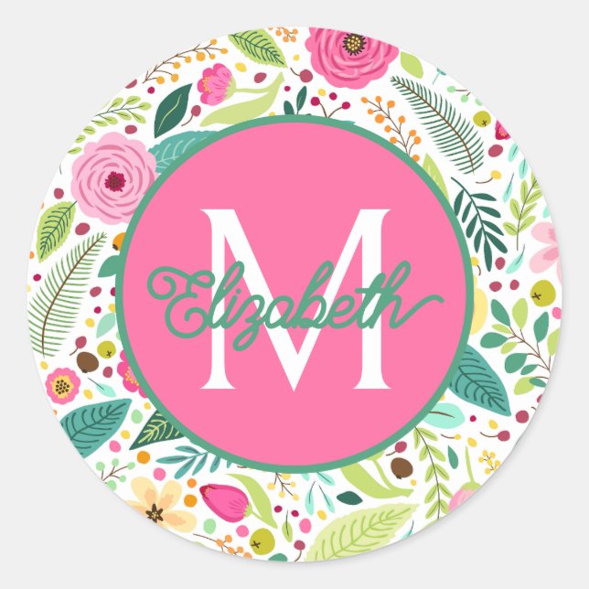Sticker Rond Jardin de fleurs printanières monogramme (Devant)