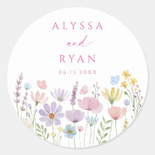Sticker Rond Jardin de fleurs sauvages Mariage floral pastel