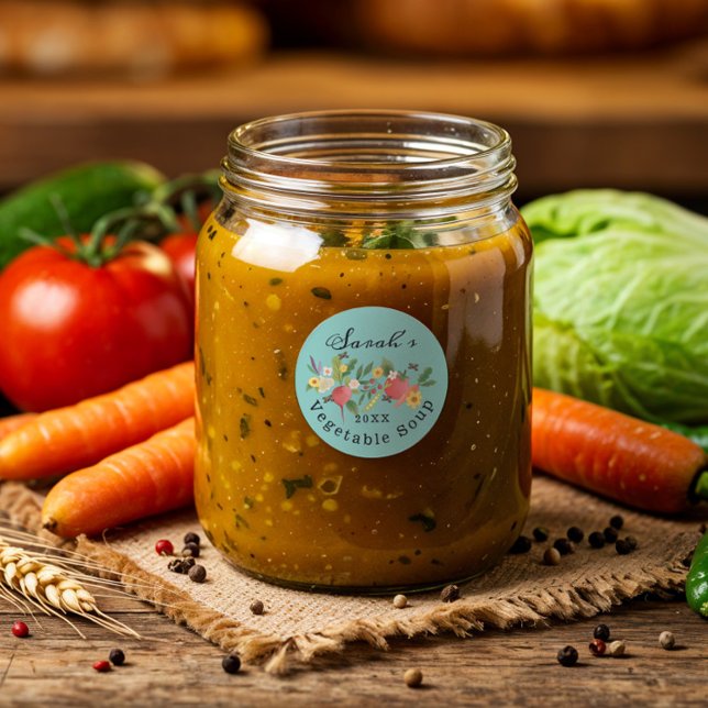 Sticker Rond Jardin de légumes frais Medley & Butterflies Turqu (Fresh Vegetable Garden Medley & Butterflies Teal Classic Round Sticker)