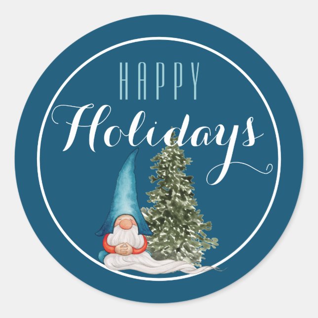 Sticker Rond Jardin de Noël Gnome Joyeux Vacances / Bleu (Devant)