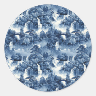 Sticker Rond Jardin d'eau japonais en porcelaine blanche bleue