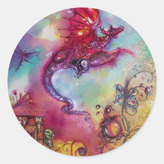 STICKER ROND JARDIN DES OMBRES PERDUES - DRAGON ROUGE VOL (Devant)