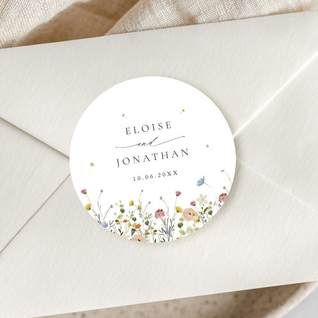 Sticker Rond Jardin Fleur sauvage de printemps Floral minimalis (Spring Wildflower Garden Floral Minimalist Wedding envelope seal Classic Round Sticker)