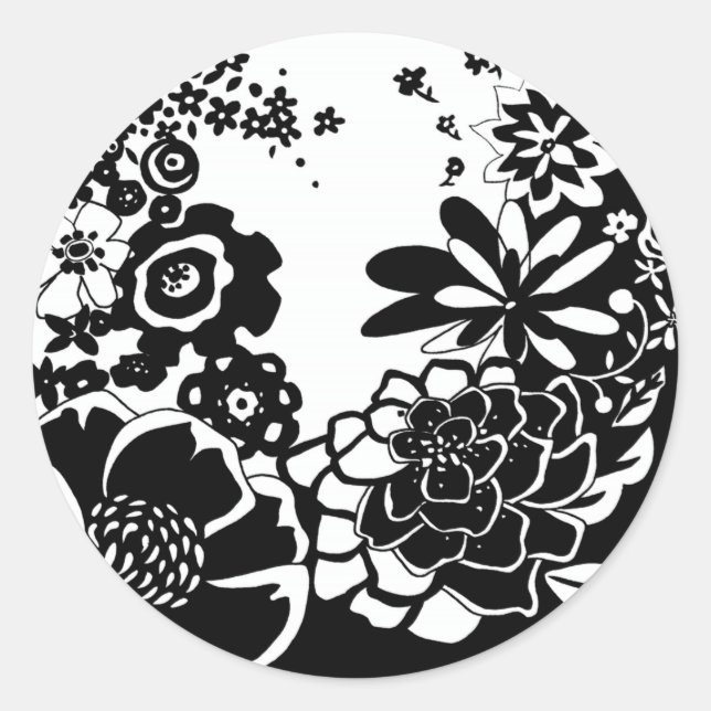 Sticker Rond Jardin floral noir et blanc Motif graphique (Devant)