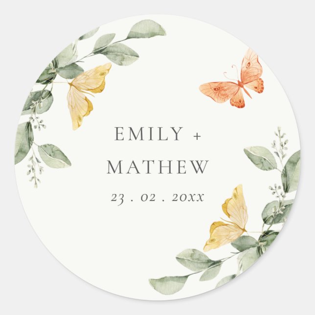 Sticker Rond Jardin Jaune mignon Papillons Mariage (Devant)