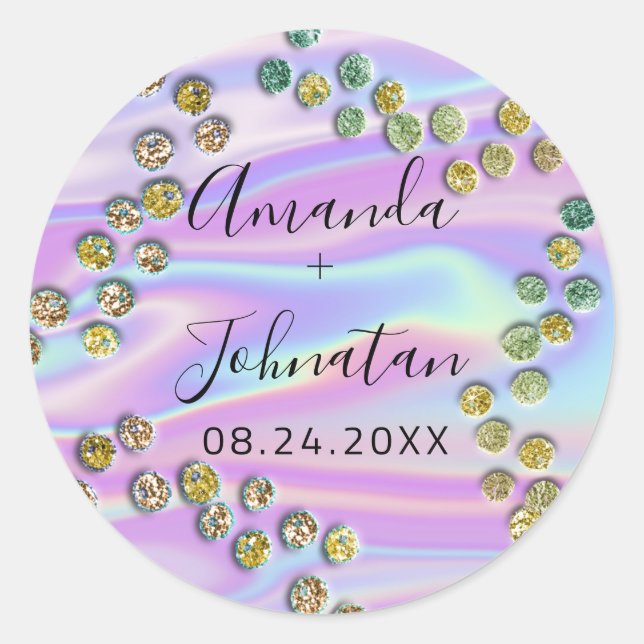 Sticker Rond Jardin Points Abstraits Nom Date Noir Holographiqu (Devant)