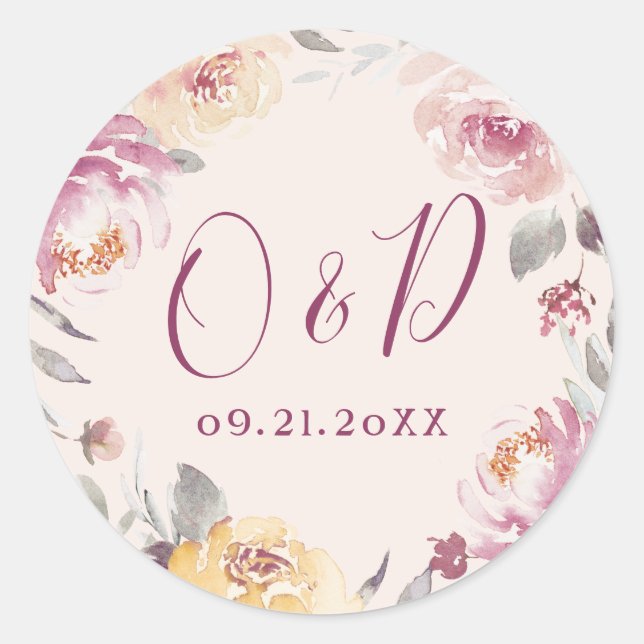 Sticker Rond Jardin romantique aquarelle mariage floral monogra (Devant)