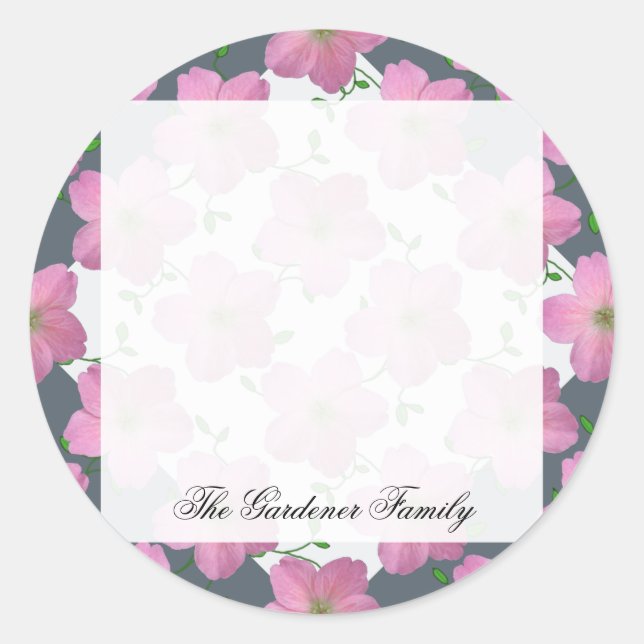Sticker Rond Jardin romantique Fleur de géranium rose sur n'imp (Devant)