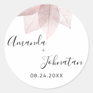 Sticker Rond Jardin Rose Feuille d'Or Nom Date Blanc Blush Simp