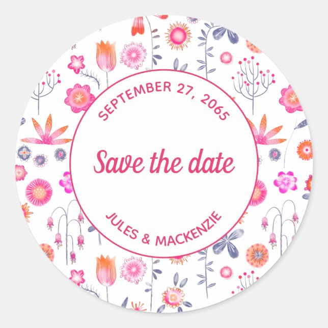 Sticker Rond Jardin rose moderne Boho Enregistrer la date (Devant)