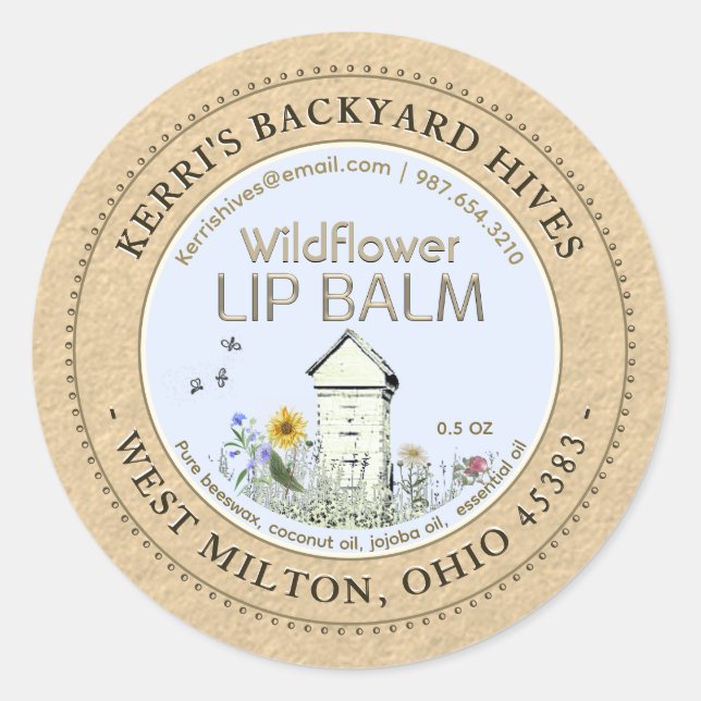 Sticker Rond Jardin ruches Beeswax Lip Balm Kraft Hive Fleurs (Devant)