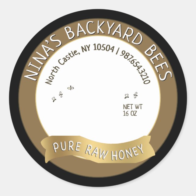 Sticker Rond Jardin ruches Miel pur miel cru Or (Devant)