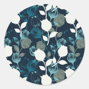 Sticker Rond Jardin vintage bleu fleuri motif