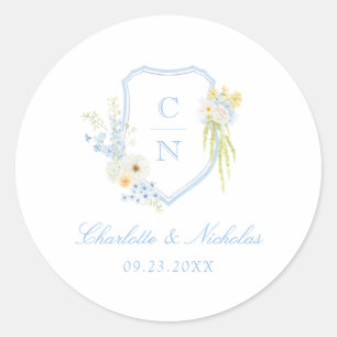 Sticker Rond Jaune Beurre Bleu Floral Monogramme Blason Mariage