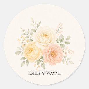 Sticker Rond Jaune Beurre Mariage Fleur Pêche et Ivoire 