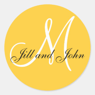 Sticker Rond Jaune Blanc Monogramme Mariée Noms Mariage