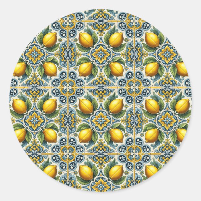 Sticker Rond Jaune Bleu Capri Citron Méditerranée Carrelage Mar (Devant)