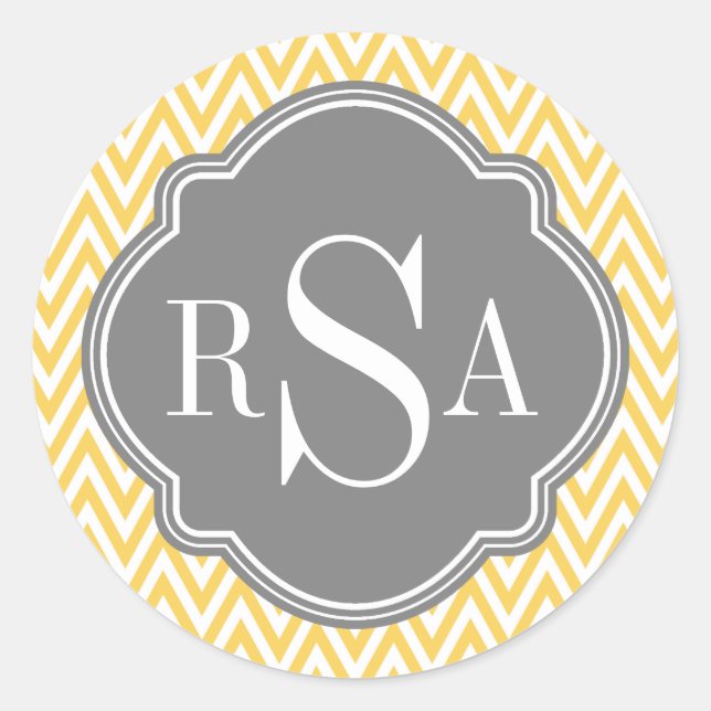 Sticker Rond Jaune Chevron Gris Monogramme Lettres initiales (Devant)