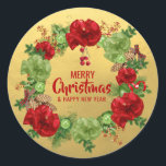 Sticker Rond JAUNE CHRISTMAS FROID personnalisé Wreath Rouge Ve<br><div class="desc">Ajoutez ces fêtes de Noël en or rouge rouge noir et joyeux autocollants de nouvelle année à vos cartes de voeux,  enveloppes ou cadeaux. Couronne de Noël avec arcs,  cônes de pin,  ornements. Texte modifiable - couleur,  police et taille.</div>
