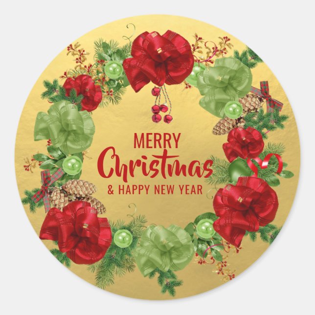 Sticker Rond JAUNE CHRISTMAS FROID personnalisé Wreath Rouge Ve (Devant)
