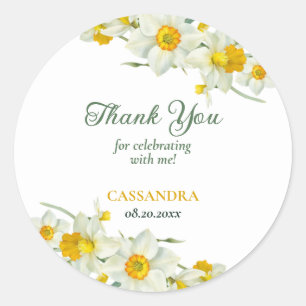 Sticker Rond Jaune Daffodique Blanc Rustique Floral Anniversair