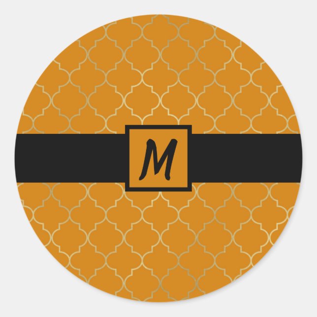 Sticker Rond Jaune de curcuma Or Quatrefeuille Monogrammé Fête (Devant)