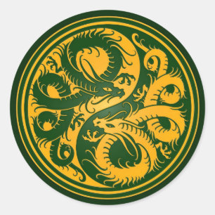 Sticker Rond Jaune et vert Yin Yang Dragons chinois