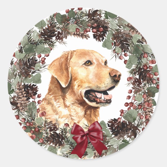 Sticker Rond Jaune Lab Rouge Bow Pinecone Wreath Noël (Devant)