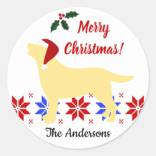 Sticker Rond Jaune Labrador Silhouette Père Noël Noël