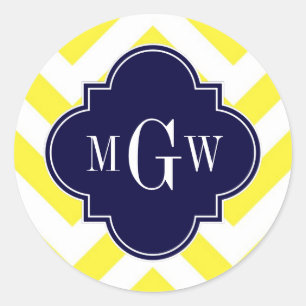 Sticker Rond Jaune Lg Chevron Navy Quatrefoil 3 Monogramme