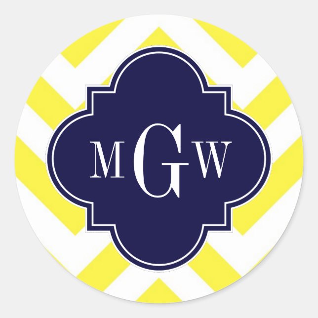 Sticker Rond Jaune Lg Chevron Navy Quatrefoil 3 Monogramme (Devant)