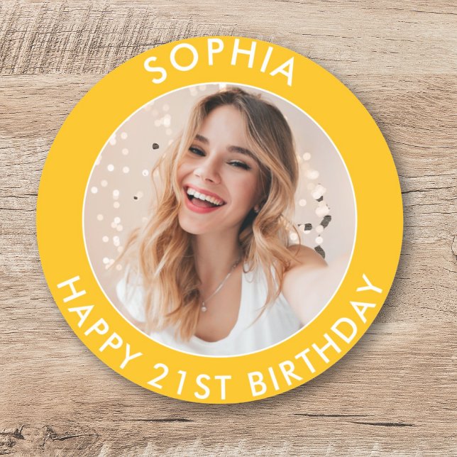 Sticker Rond Jaune moderne brillant Joyeux 21e anniversaire Pho (Yellow Modern Bright Happy 21st Birthday Photo Classic Round Sticker)