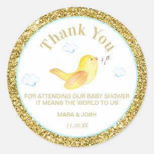 Sticker Rond *~* Jaune Oiseaux Nuages Ciel Baby shower Merci