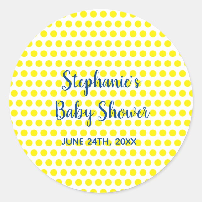Sticker Rond Jaune Pois Bleu Blanc Baby shower mignon 2021 (Devant)