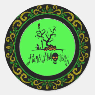 Sticker Rond Jaune vert Joyeux Halloween Grave Yard