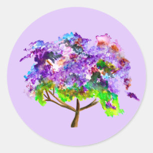 Sticker Rond Jaune violette arbre aquarelle art