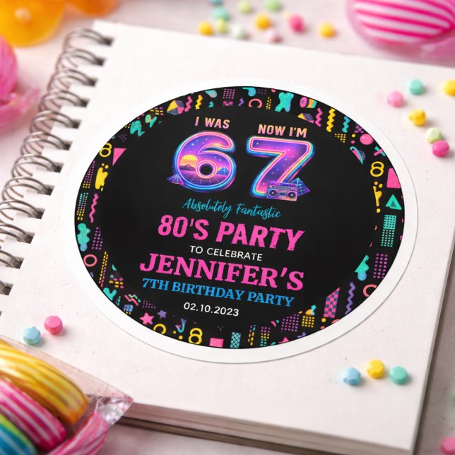 Sticker Rond J'avais 6 ans Maintenant j'ai 7 ans Rétro Néon 7e  (I Was 6 Now I’m 7 Retro Neon 7th Birthday for Kids Classic Round Sticker
)