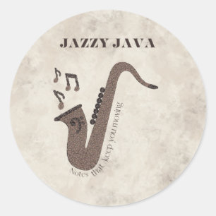 Sticker Rond Jazzy Java-Grains de Café-Saxophone-
