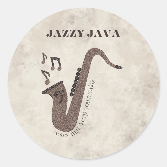 Sticker Rond Jazzy Java-Grains de Café-Saxophone- (Devant)