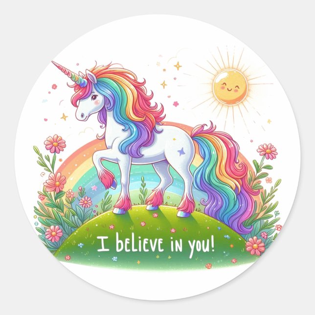 Sticker Rond Je crois en toi licorne (Devant)