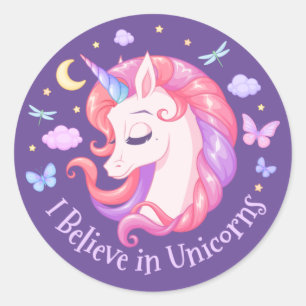 Sticker Rond Je crois en Unicorns Purple Pastel Pony Girly