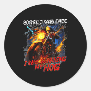 Sticker Rond Je faisais tourner mon hog drôle squelette motard