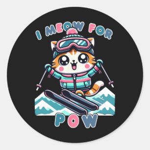 Sticker Rond Je m'appelle pour Pow Funny Kawaii Cat Skiing Cool