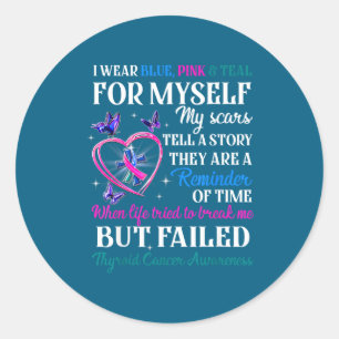 Sticker Rond Je porte du bleu, rose & sarcelle pour mon cancer